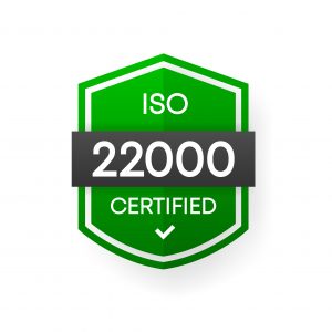 ISO 22000 Certified green vector banner. Flat certification label isolated on white background. Food safety concept. Vector illustration